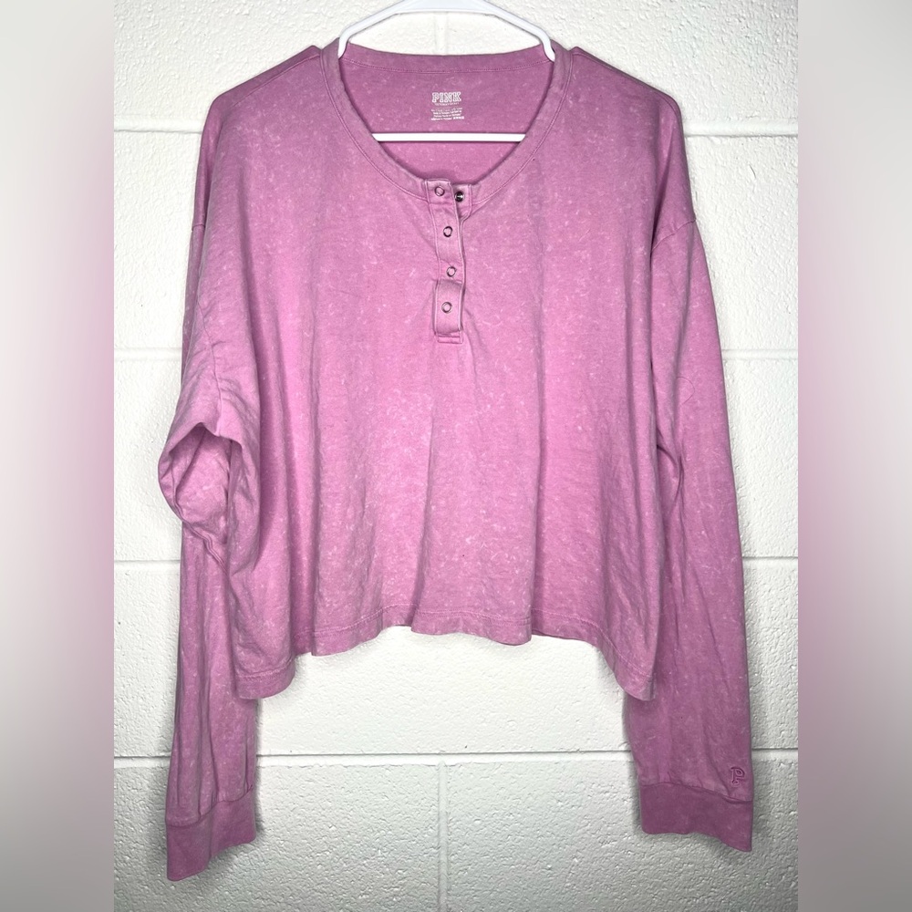 < Pink Victoria's Secret Women's Long Sleeve Cropped Henley > - Picture 2 of 5